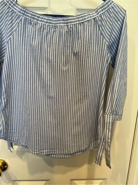 Potter's Pot Light Blue and White Striped Off-Shoulder Top